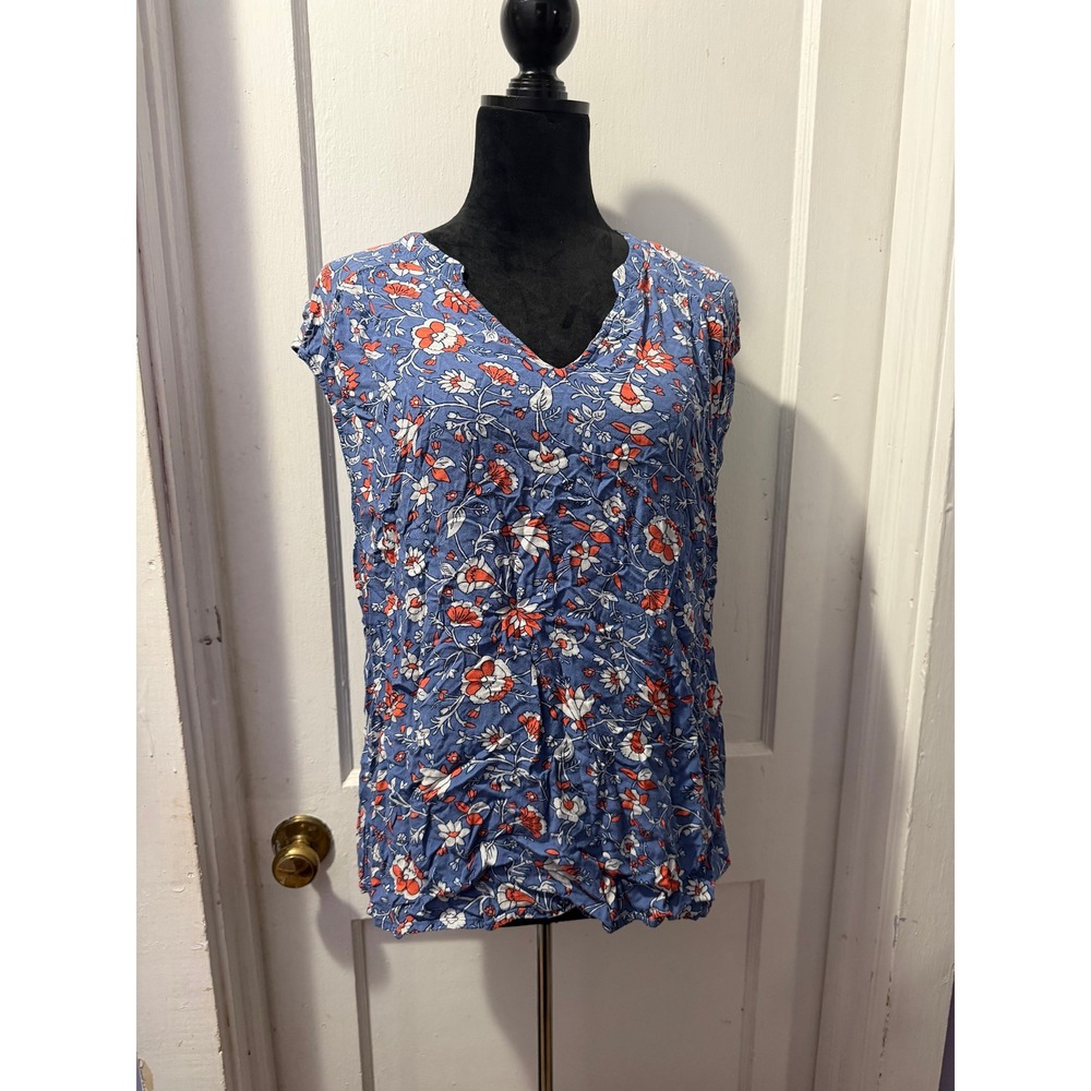 Old Navy Blue Floral Tank Top XL Rayon V-Neck Front Knot Sleeveless Blouse